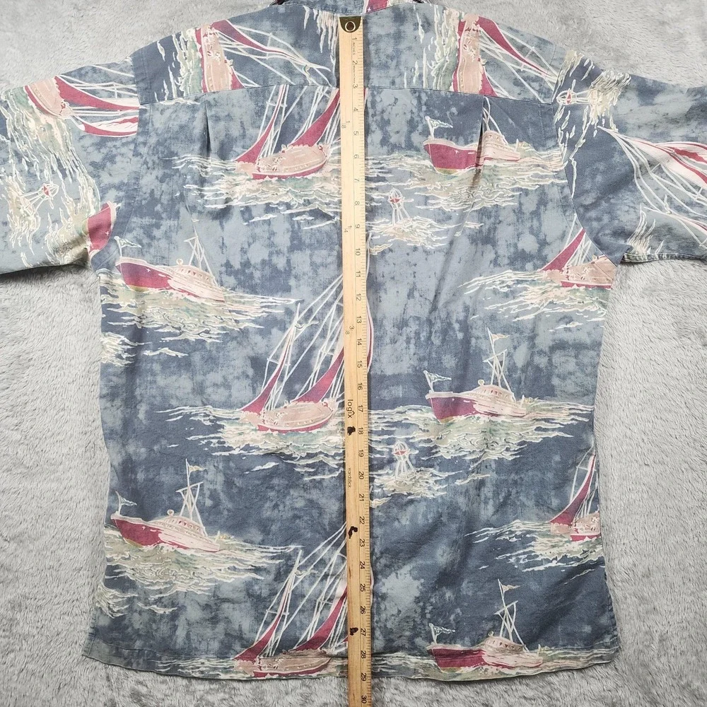 Ralph Lauren Vintage Camp Shirt Mens Medium Blue Loop Sailing Boats Hawaiian AOP